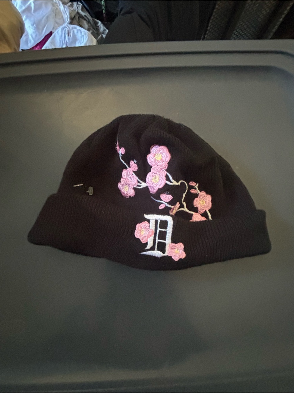DGK Black Beanie with Pink Floral Embroidery